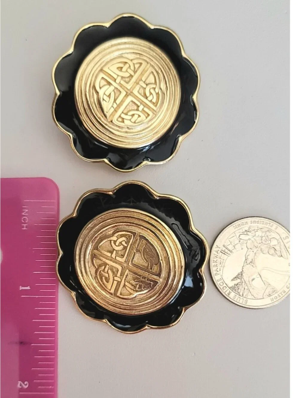Gold Tone Black Enamel Celtic Knot Designer Style Clip-On Earrings, M549